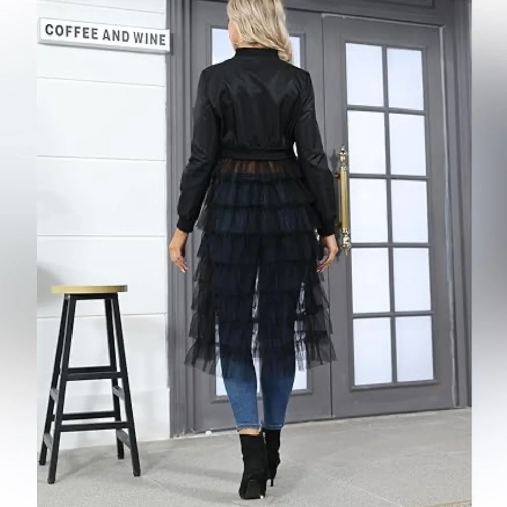 Zip up Long Bomber Jacket Tiered Mesh Black Tulle Layered Dress - Picture 8 of 10